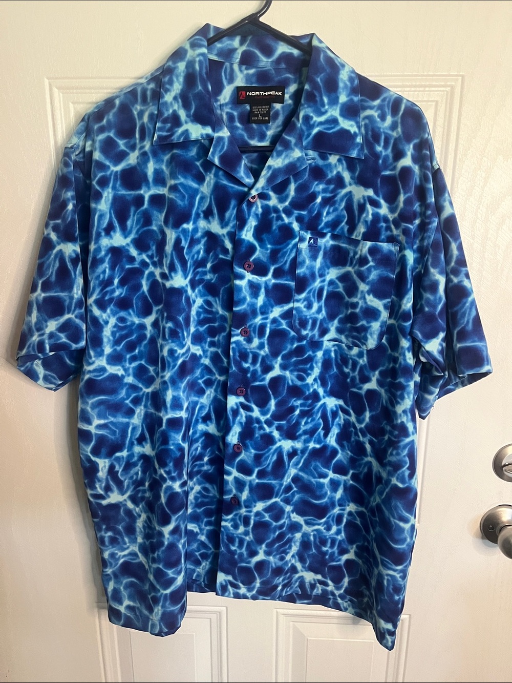 Northpeak Blue Water-Print Short Sleeve Button-Down Shirt Size L